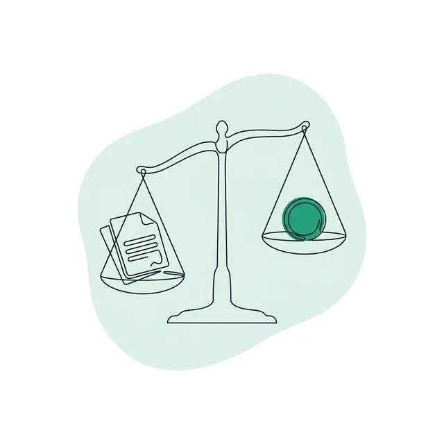 Balance à deux plateaux, deux contrats et une pièce verte