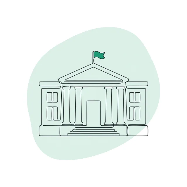 Façade d’une agence bancaire dessinée au trait, colonnes et porte d’entrée