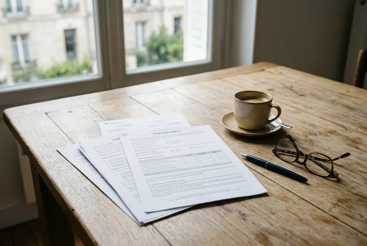 Documents d’un prêt immobilier posés sur une table en bois, un stylo et une tasse