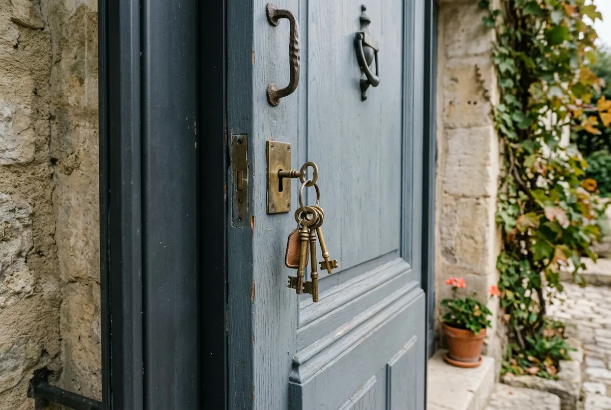 Porte d’entrée d’une maison, un trousseau de clés dans la serrure